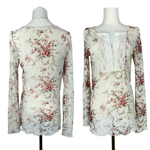 Denim & Supply Ralph Lauren Vintage Sheer Mesh Lace Cottagecore Floral Top .L - Picture 1 of 11